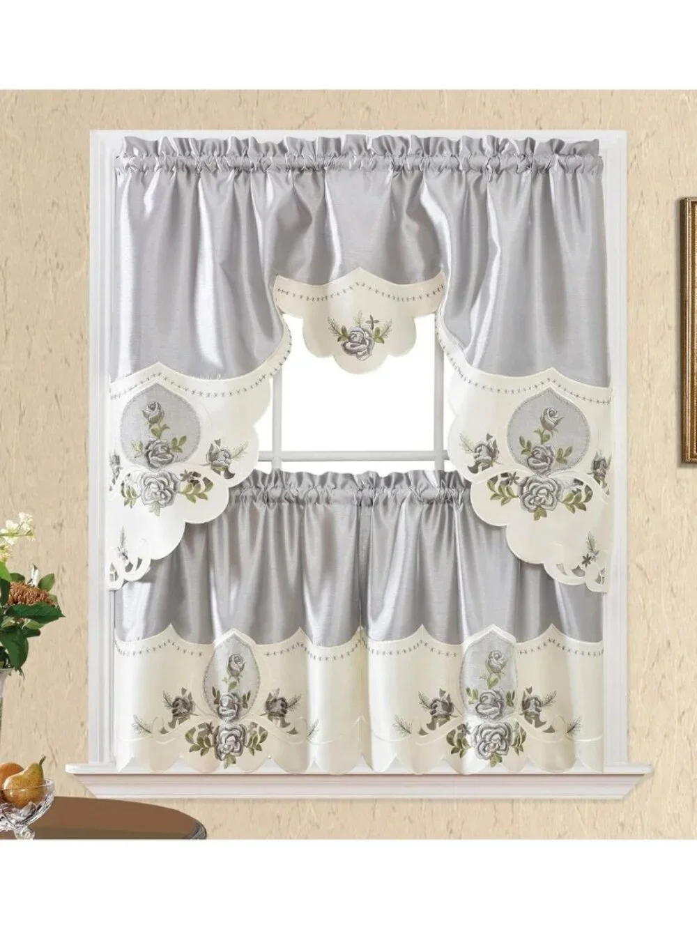 Elegant Silver Grey 3-Piece Kitchen Cafe Curtain Set with Swag & 24